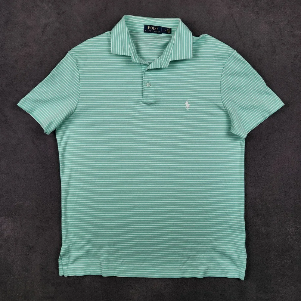 Polo Ralph Lauren Polo Shirt Mens Large Green‎ White Stripe Short Sleeve Golf